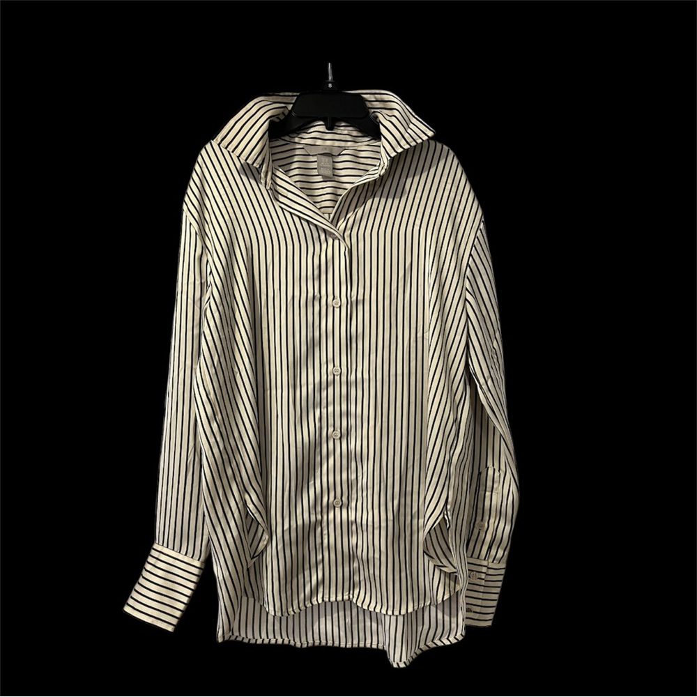 H&M Black and Champagne Striped, Long Button Down Shirt with Silky Texture